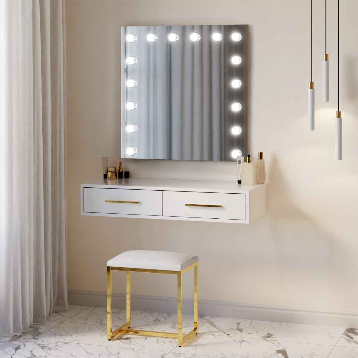 שידת איפור מרחפת פורטו עם מראת איפור הוליווד עם תאורה